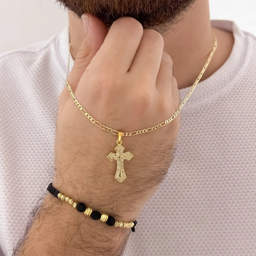 Conjunto De Caballero Con Cadena De Tejido Cartier Con Dije De Cruz Cristal Y Manilla De Balines Y Neoprenos