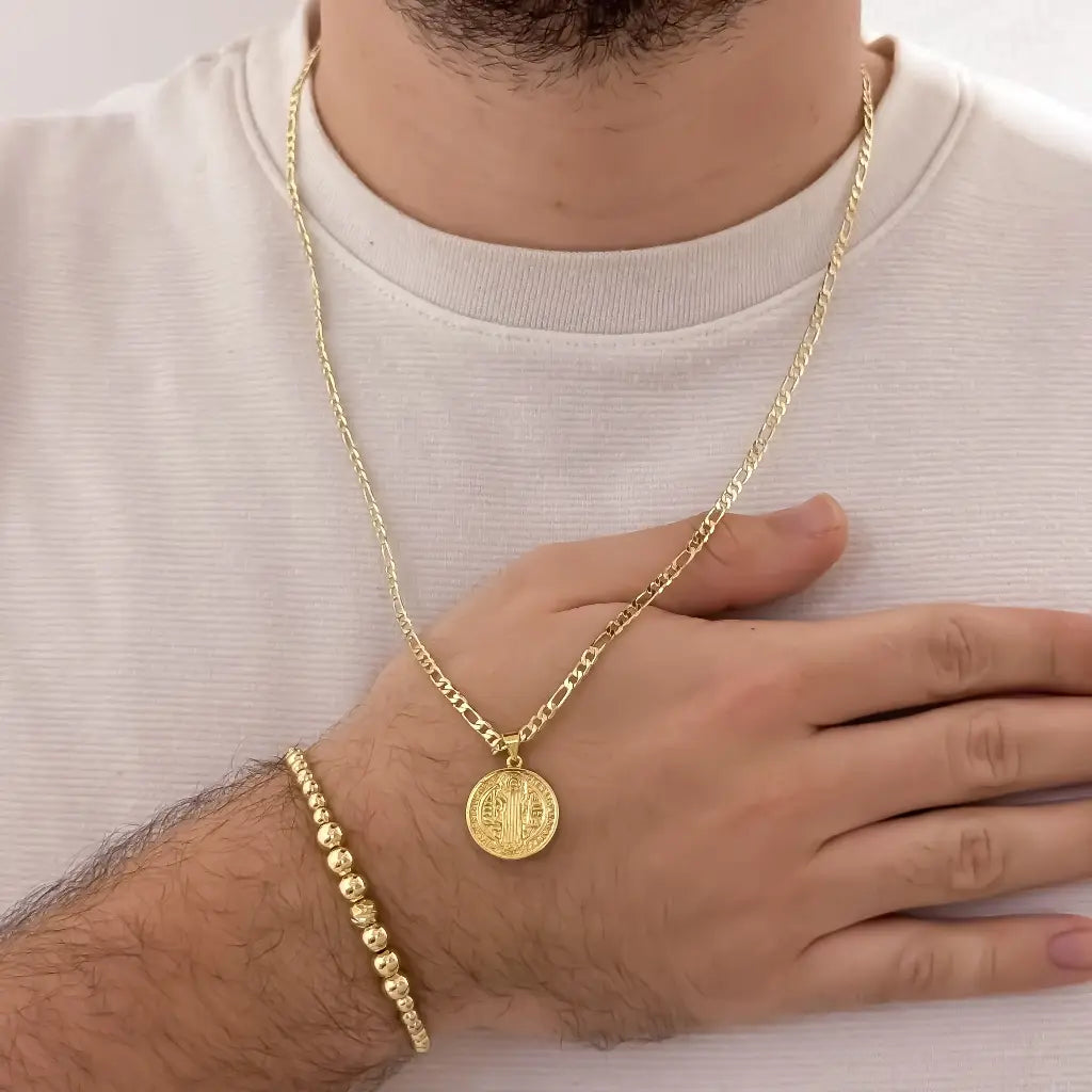 Conjunto De Caballero Con Cadena De Tejido Cartier, Dije De San Benito Y Manilla Full Balines