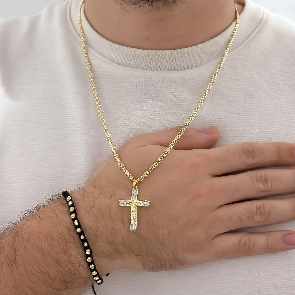 Conjunto De Caballero Con Cadena De Tejido Chino, Dije De Crucifijo Cristal Y Manilla