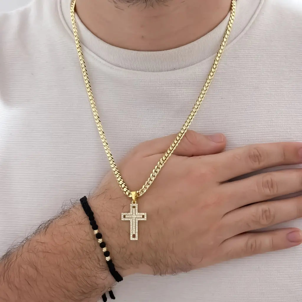 Conjunto De Caballero Con Cadena De Tejido Cubana Plana, Dije De Cruz Cristal Y Manilla