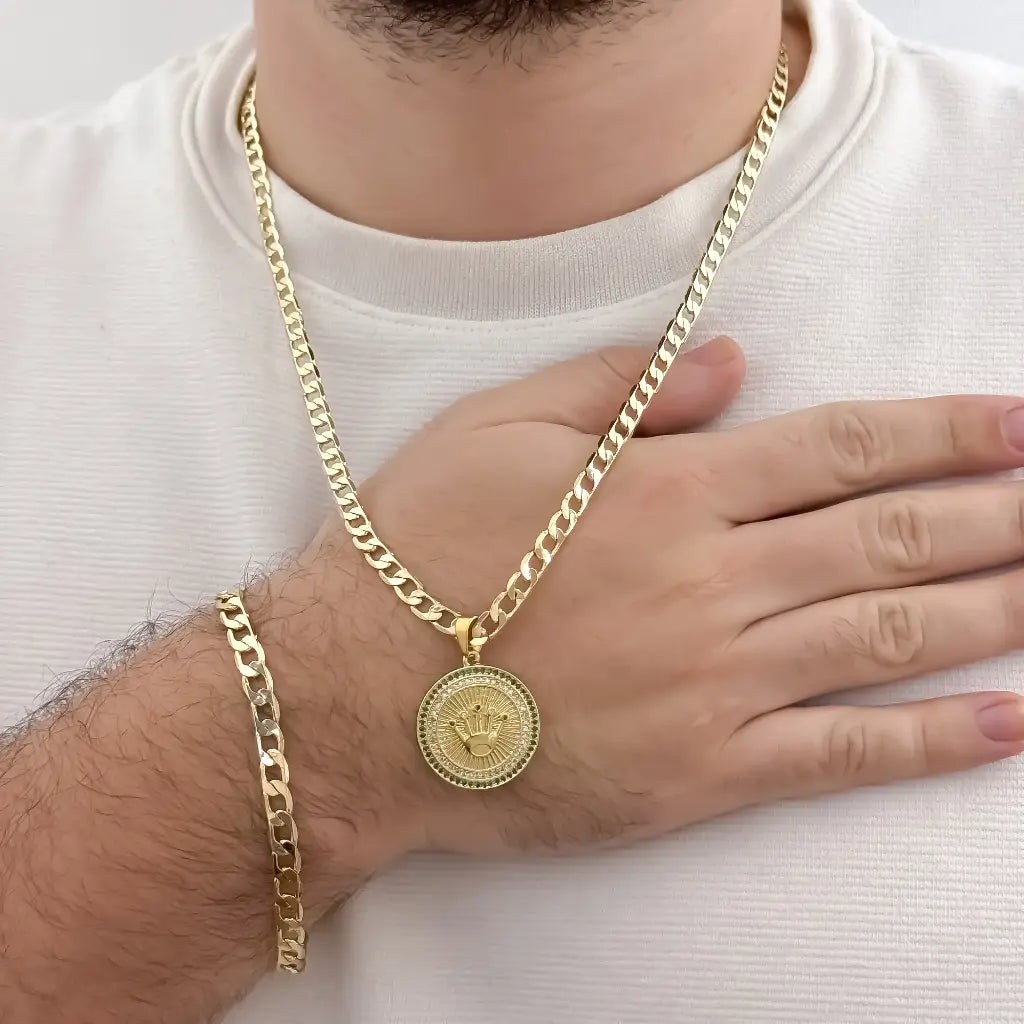 Conjunto De Caballero De Tejido Cubana De 5mm De Grosor Con Cadena, Esclava Y Dije De Rolex}