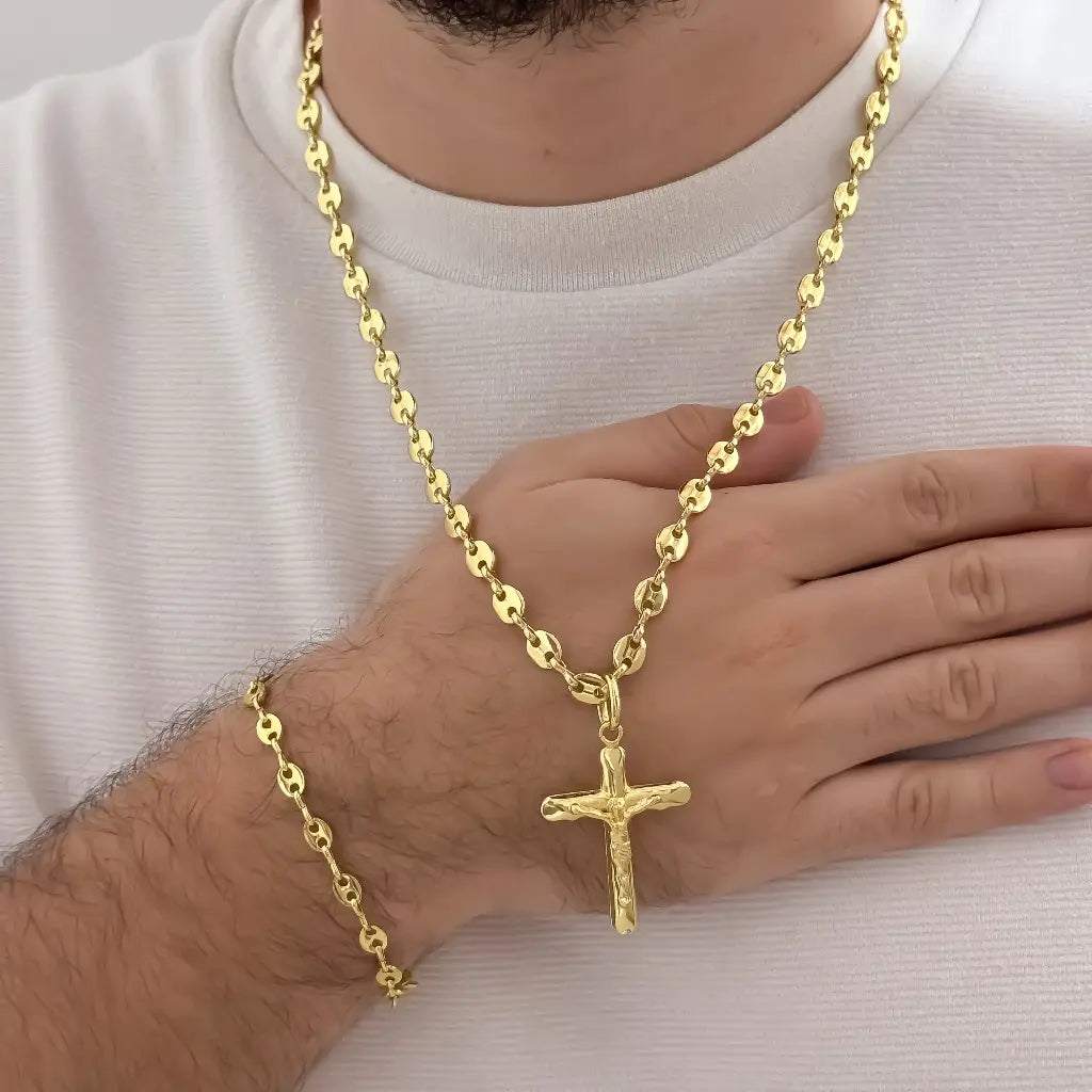 Conjunto De Caballero De Tejido Gucci Con Cadena, Esclava Y Dije De Crucifijo