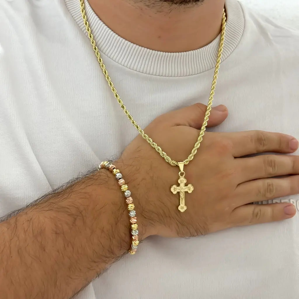 Conjunto De Caballero De Tejido Lazo Con Dije De Crucifijo Con Manilla Tres Oros + Envío Gratis
