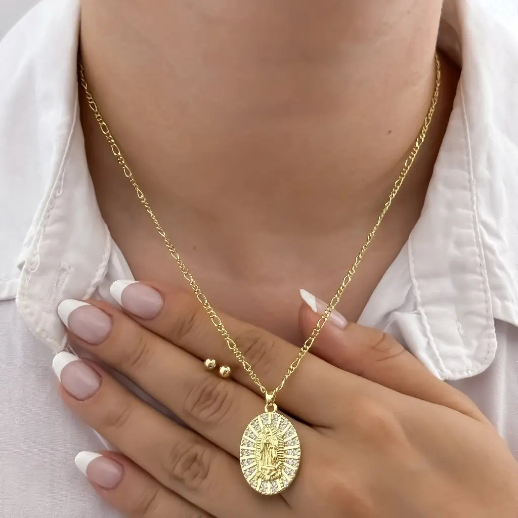 Conjunto De Dama Con Cadena De Tejido Cartier Fina, Dije De La Virgen De Guadalupe Y Par De Topos Balín