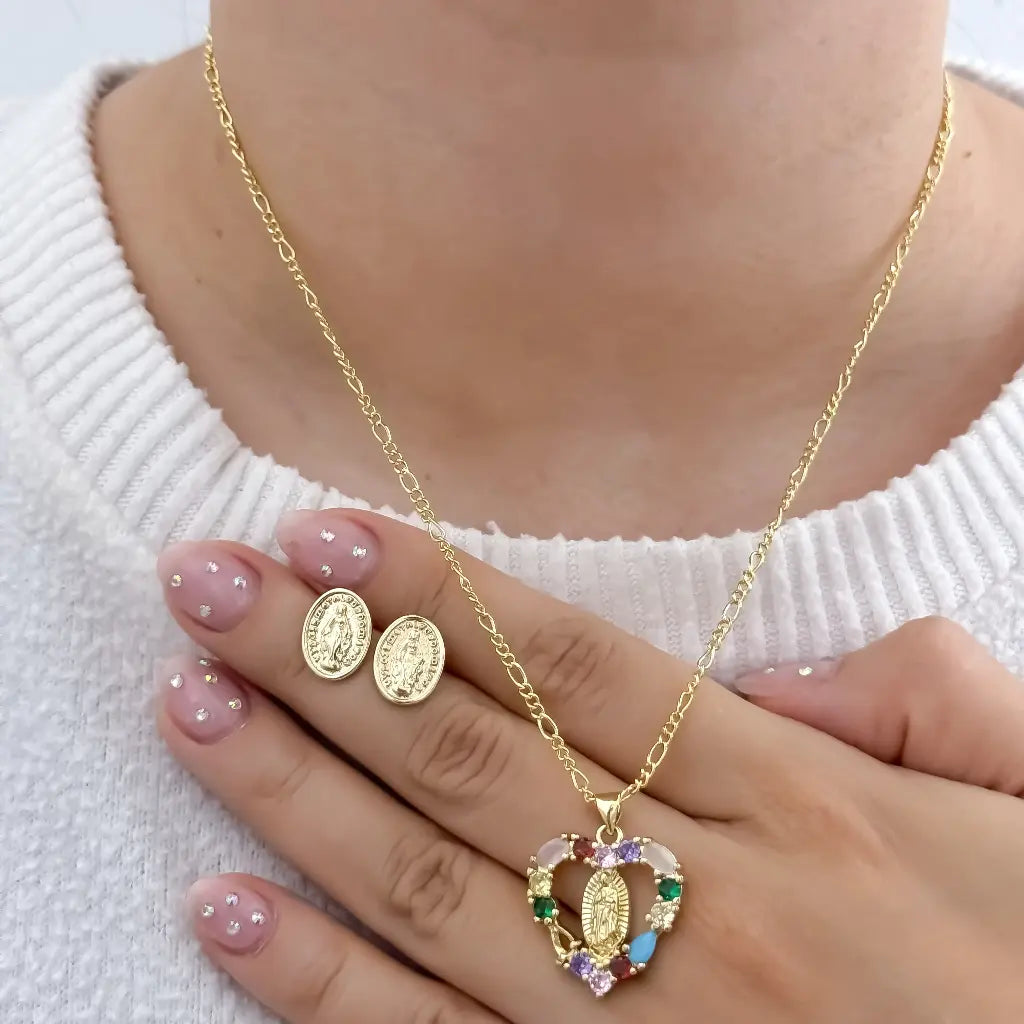 Conjunto De Dama Con Cadena De Tejido Cartier Fina, Dije De La Virgen De Guadalupe Y Topos De La Milagrosa