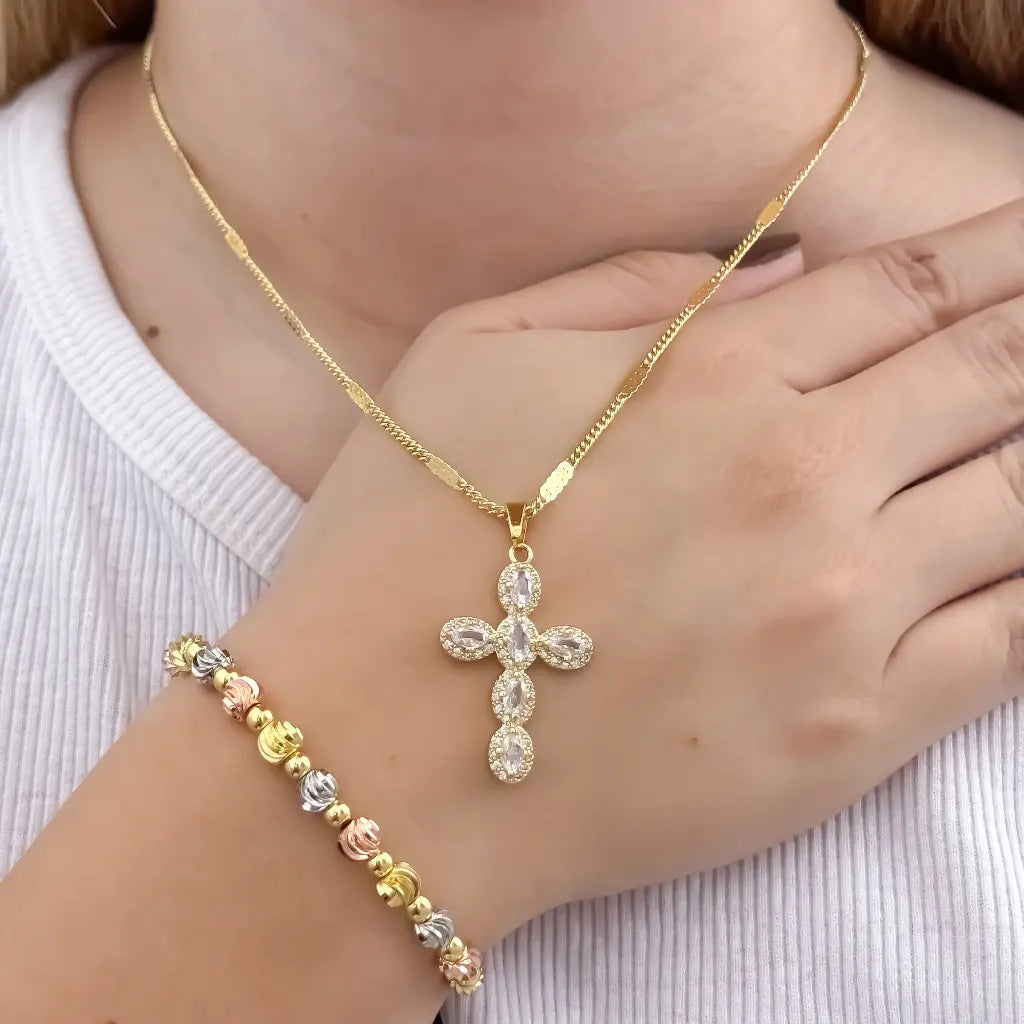Conjunto De Dama Con Cadena De Tejido Cubana Con Destellos, Dije De Cruz Cristal Y Manilla Tres Oros Italiana