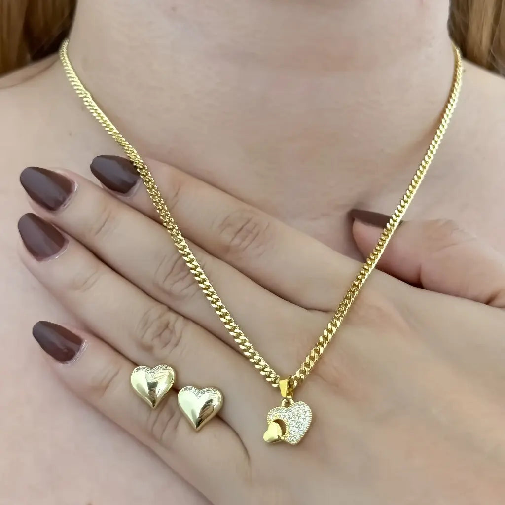 Conjunto De Dama Con Cadena De Tejido Cubana Con Dije De Corazón Cristal Y Topos De Corazón