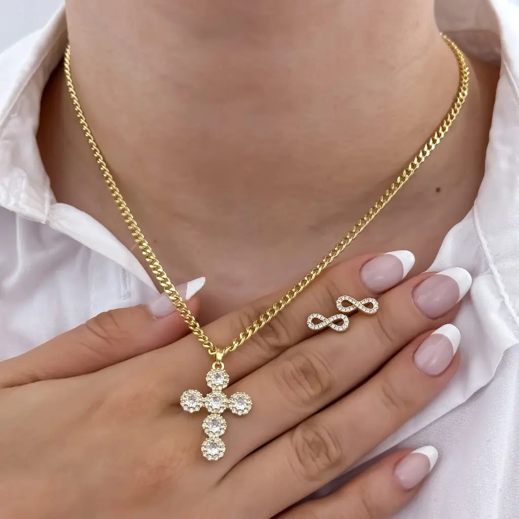 Conjunto De Dama Con Cadena De Tejido Cubana, Dije De Cruz Cristal Y Topos De Infinito
