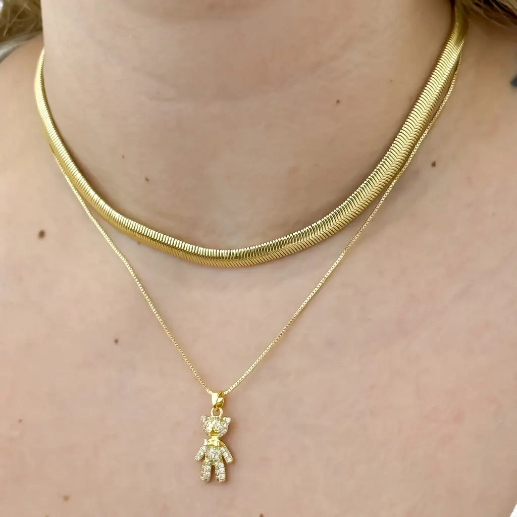 Conjunto De Dama Con Cadena De Tejido Espejo, Cadena De Tejido Veneciano Y Dije De Oso