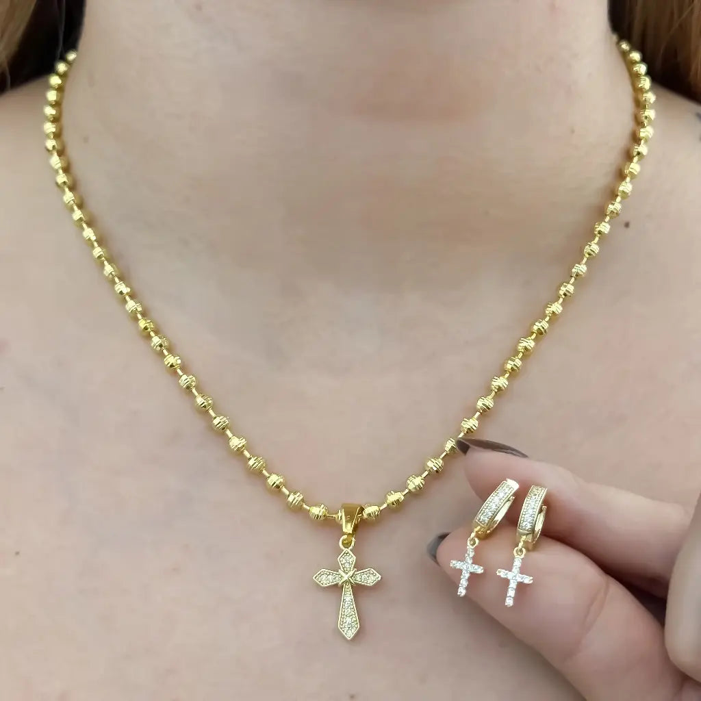 Conjunto De Dama Con Cadena De Tejido Militar, Dije De Cruz Cristal Y Candongas De Cruz