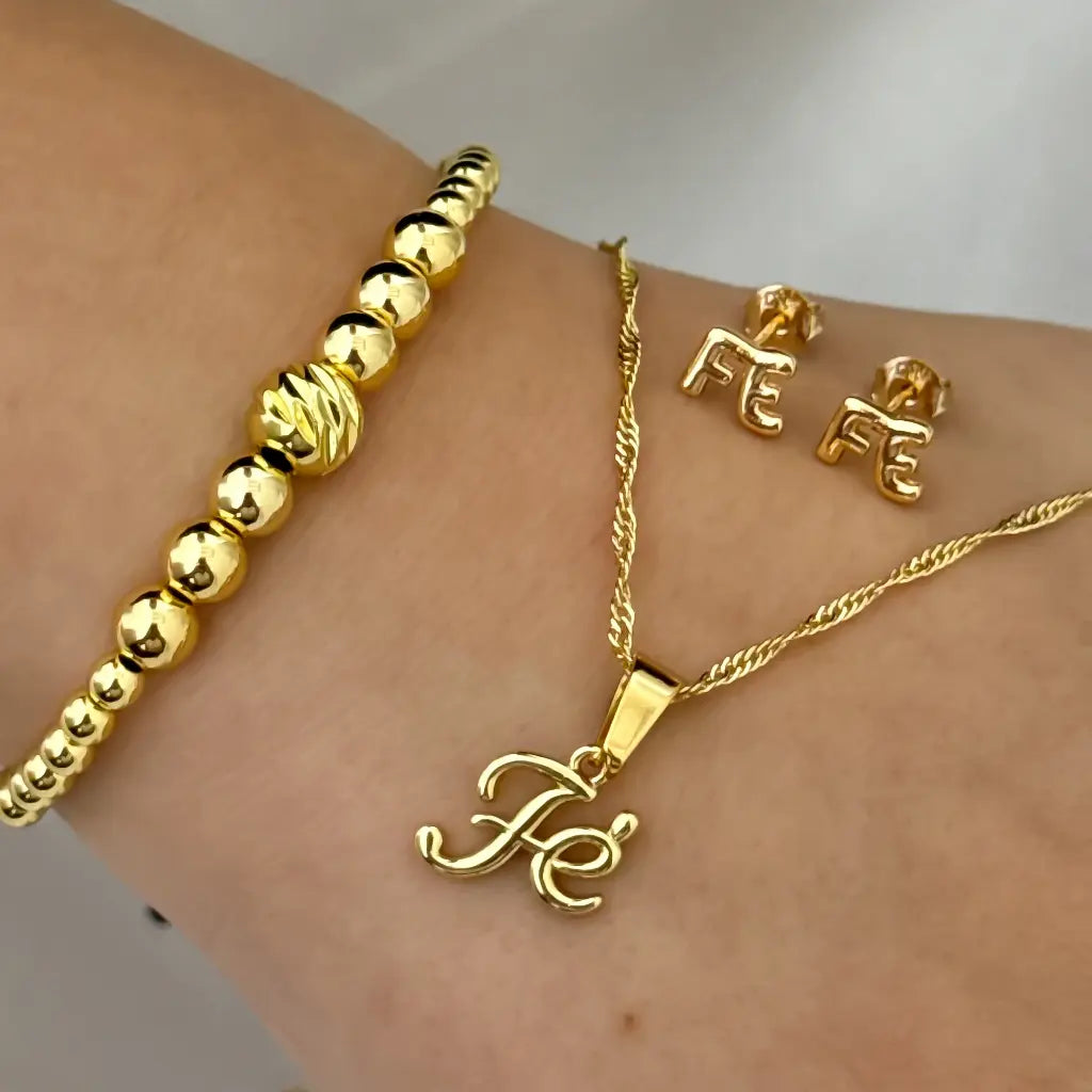 Conjunto De Dama Con Cadena de Tejido Singapur Con Dije Y Topos De Fe, Y Manilla Dorada