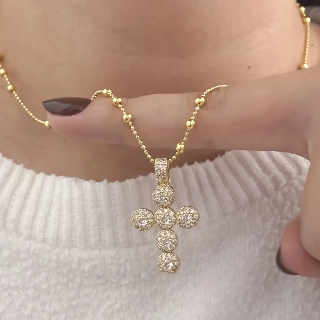 Cadena De Dama De Tejido Militar Con Balines De 50cm-3mm De Grosor Con Dije De Cruz Cristal