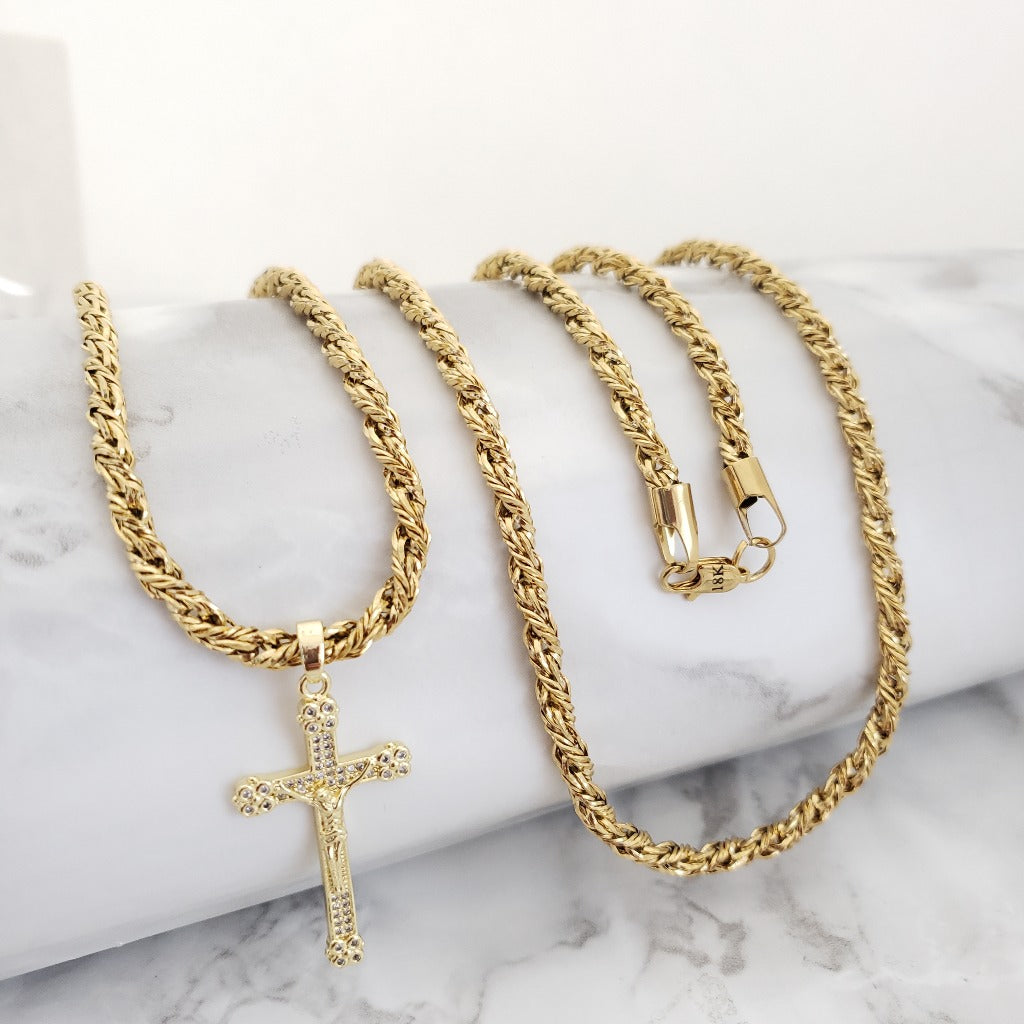 Cadena De Caballero De Tejido Lazo Rustico De 60cm-3mm De Grosor + Dije De Crucifijo Cristal + Envío Gratis