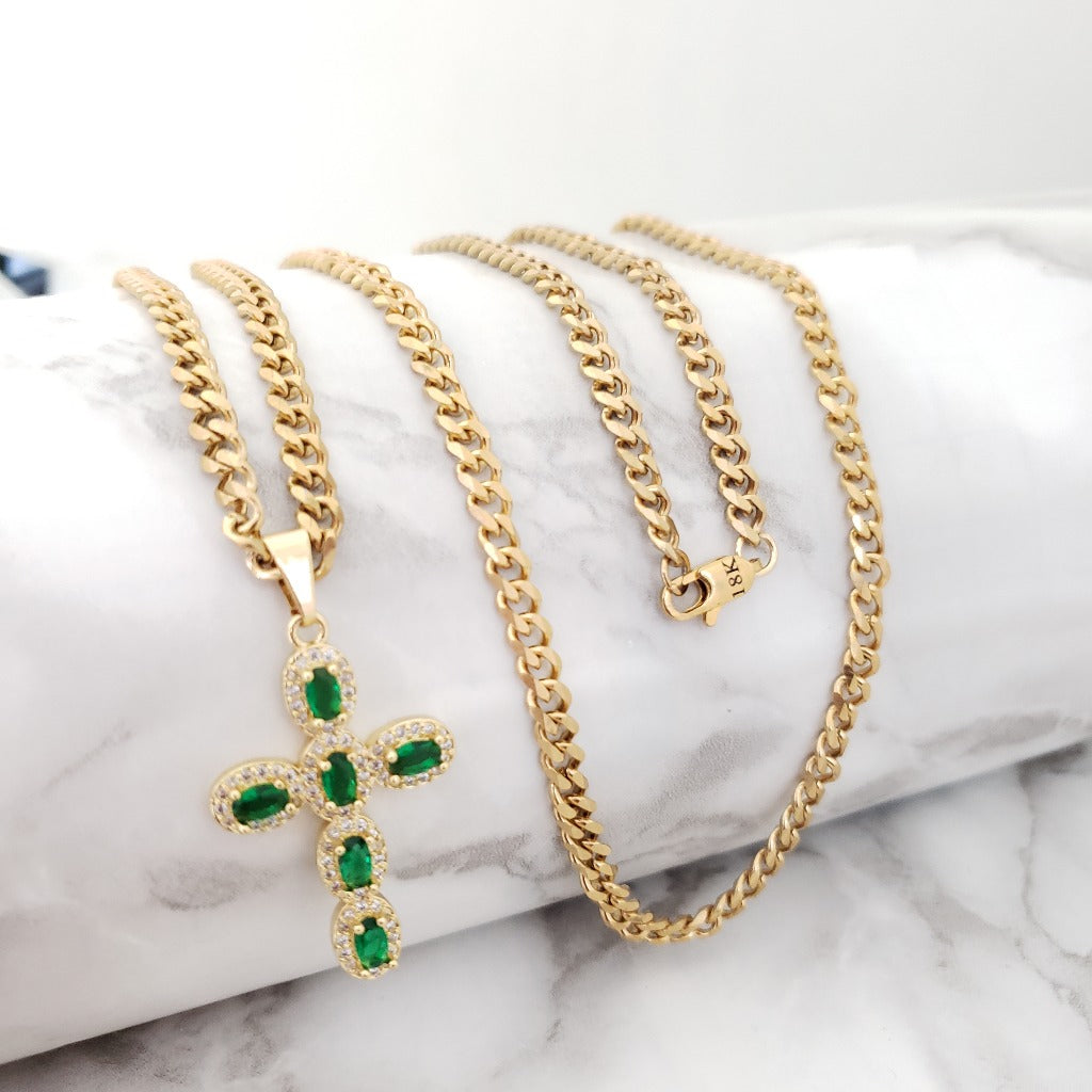 Cadena De Caballero De Tejido Cubana De 60cm-5mm De Grosor + Dije De Cruz Esmeralda Cristal + Envío Gratis