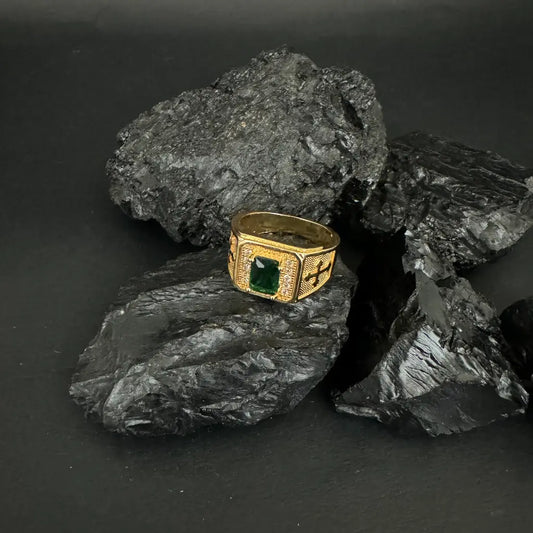 Anillo De Caballero De Cruces Y Cristal Verde Esmeralda + Envío Gratis
