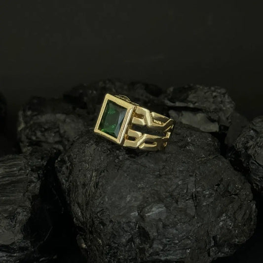 Anillo De Caballero De Piedra Grande Verde Y Diseño Rayado
