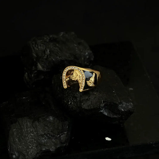 Anillo para Hombre De Caballo En Herradura Cristal de Laterales Negros + Envío Gratis