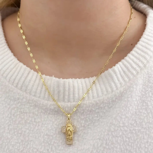 Cadena De Dama De Tejido Crispeta De 50cm-2mm De Grosor Con Dije De Cruz Cristal Con La Virgen