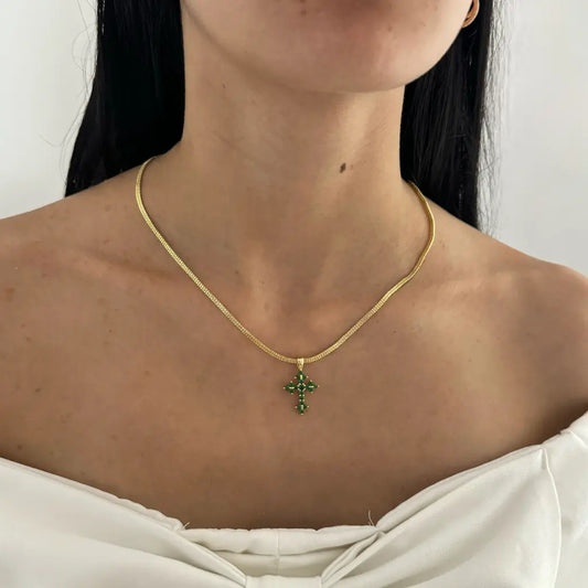 Cadena Para Dama Veneciana Doble Carril 50cm-3mm de Grosor + Dije de Cruz de Piedras Verdes + Envío Gratis