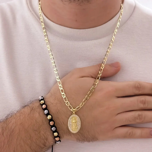 Conjunto De Caballero Con Cadena De Tejido 1X1 Con Dije De La Virgen De Guadalupe Y Manilla De Balines Italianos Tres Oros