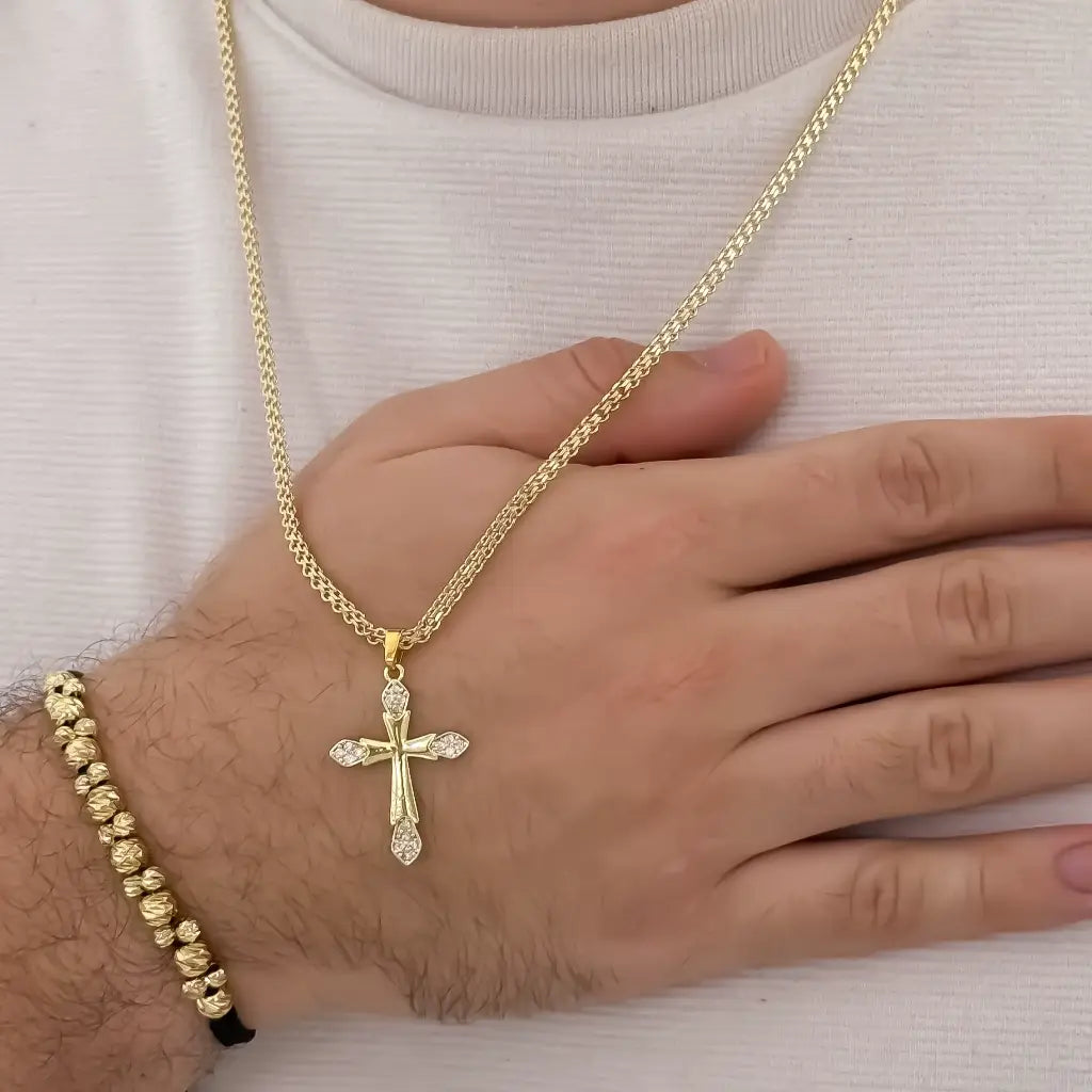 Conjunto De Caballero Con Cadena De Tejido Chino, Dije De Cruz Cristal Y Manilla