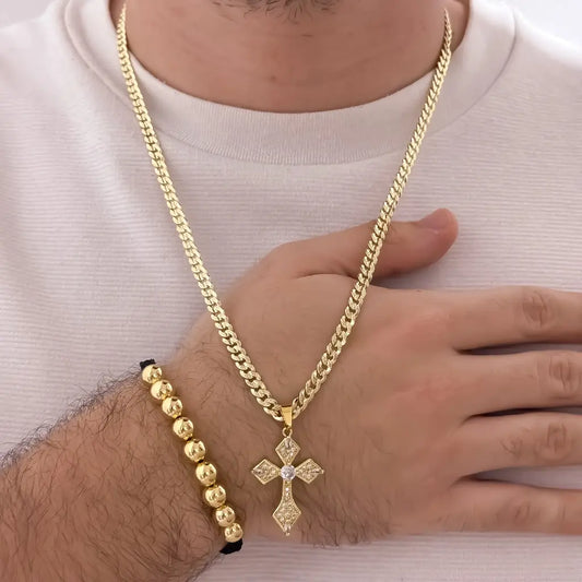 Conjunto De Caballero Con Cadena De Tejido Cubana Diamantada, Dije De Cruz Trébol Y Manilla De Balines Lisos