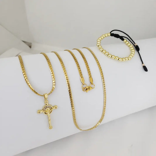 Conjunto De Caballero Con Cadena De Tejido Serpiente De 60cm-3mm De Grosor Con Dije De Crucifijo Y Manilla + Envío Gratis