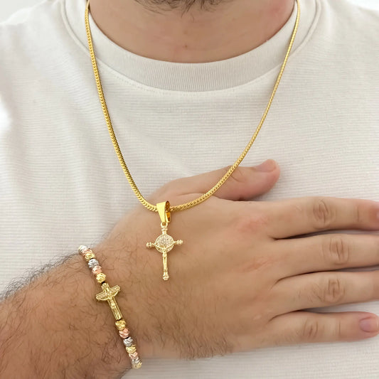 Conjunto De Caballero Con Cadena Tejido Serpiente, Dije De Cruz Y Manilla De Cruz + Envío Gratis