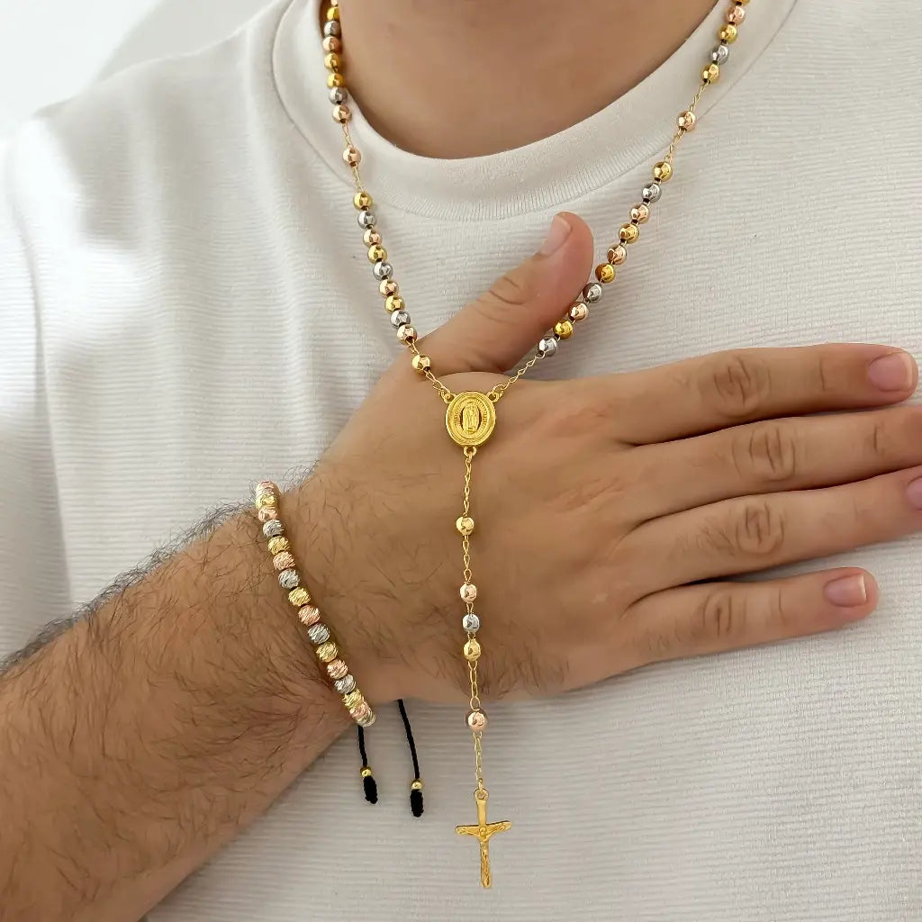 Conjunto De Caballero Con Rosario De Tres Oros Y Manilla De Tres Oros + Envío Gratis