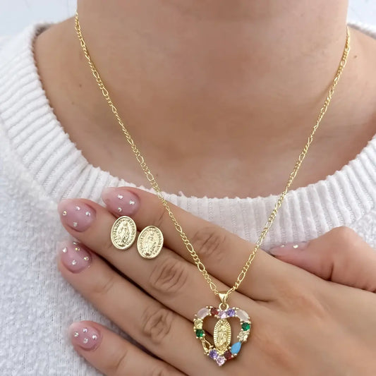 Conjunto De Dama Con Cadena De Tejido Cartier Fina, Dije De La Virgen De Guadalupe Y Topos De La Milagrosa