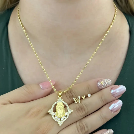 Conjunto De Dama Con Cadena De Tejido Chino, Dije De La Virgen Y Set De 3 Pares De Topos + Envío Gratis