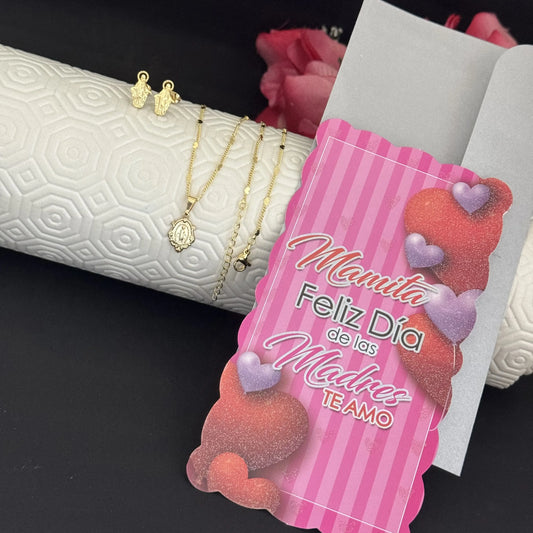 Conjunto De Dama Con Cadena De Tejido Cubana Con Corazones Con DIje De La Virgen Milagrosa Y Topos De La Milagrosa + Envío Gratis