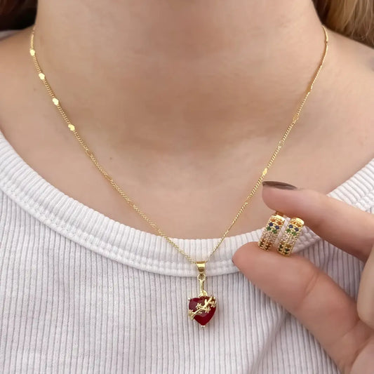 Conjunto De Dama Con Cadena De Tejido Cubana Con Destellos, Dije De Corazón Y Candongas