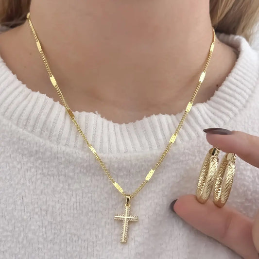 Conjunto De Dama Con Cadena De Tejido Cubana Con Destellos, Dije De Cruz Cristal Y Candongas