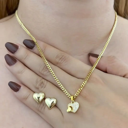 Conjunto De Dama Con Cadena De Tejido Cubana Con Dije De Corazón Cristal Y Topos De Corazón