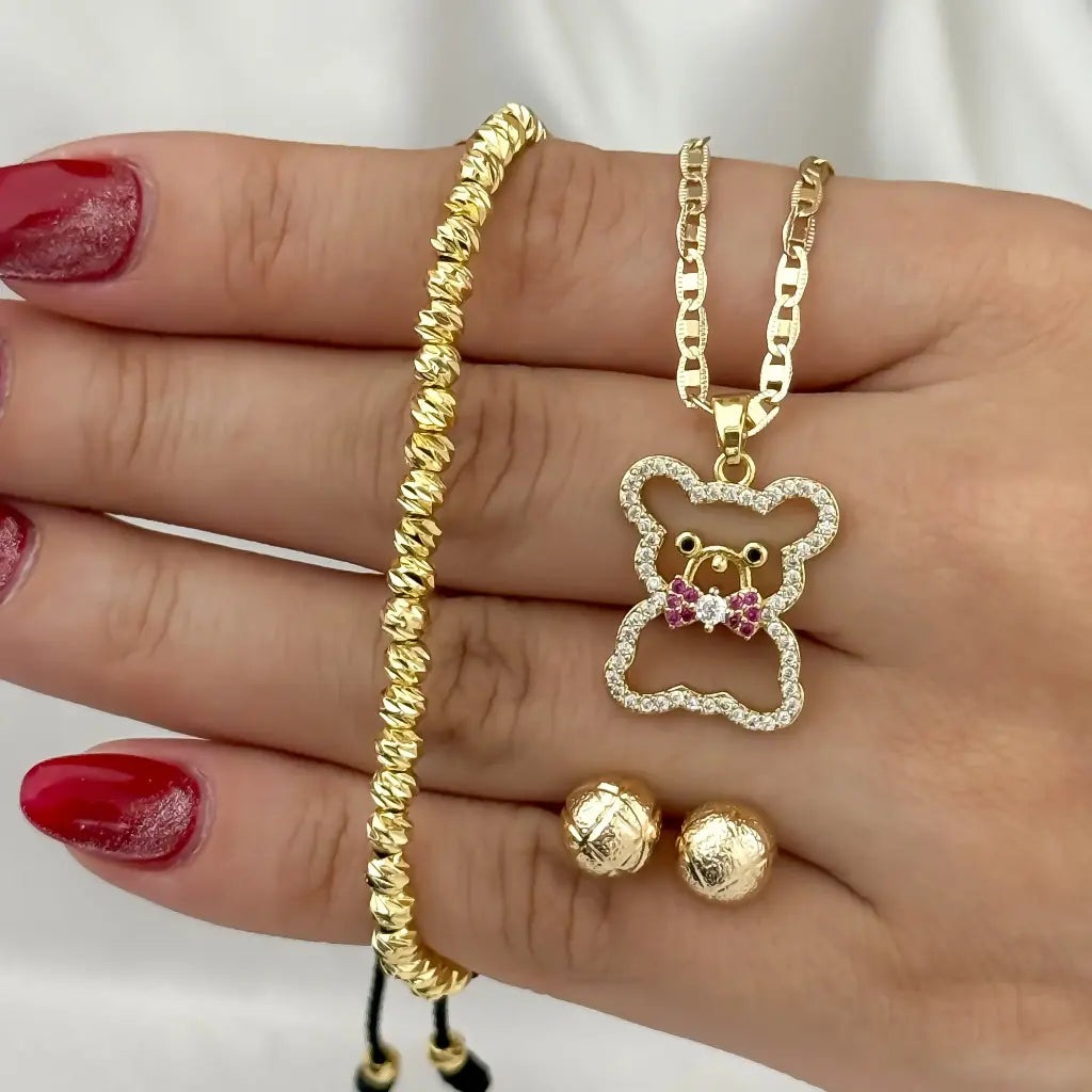 Conjunto De Dama Con Cadena De Tejido Escalera, Dije De Oso, Par De Topos Balin Y Manilla Dorada
