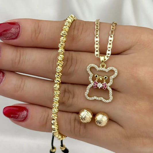 Conjunto De Dama Con Cadena De Tejido Escalera, Dije De Oso, Par De Topos Balin Y Manilla Dorada