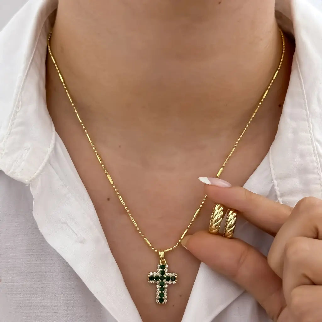 Conjunto De Dama Con Cadena De Tejido Militar Con Cilindros, Dije De Cruz  Verde y Candongas