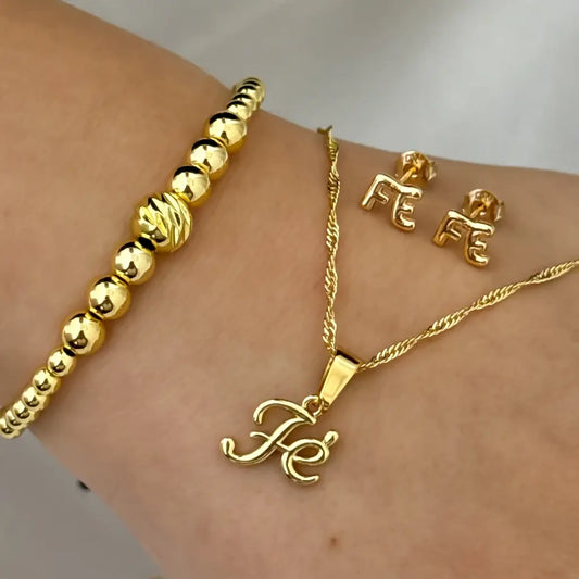 Conjunto De Dama Con Cadena de Tejido Singapur Con Dije Y Topos De Fe, Y Manilla Dorada