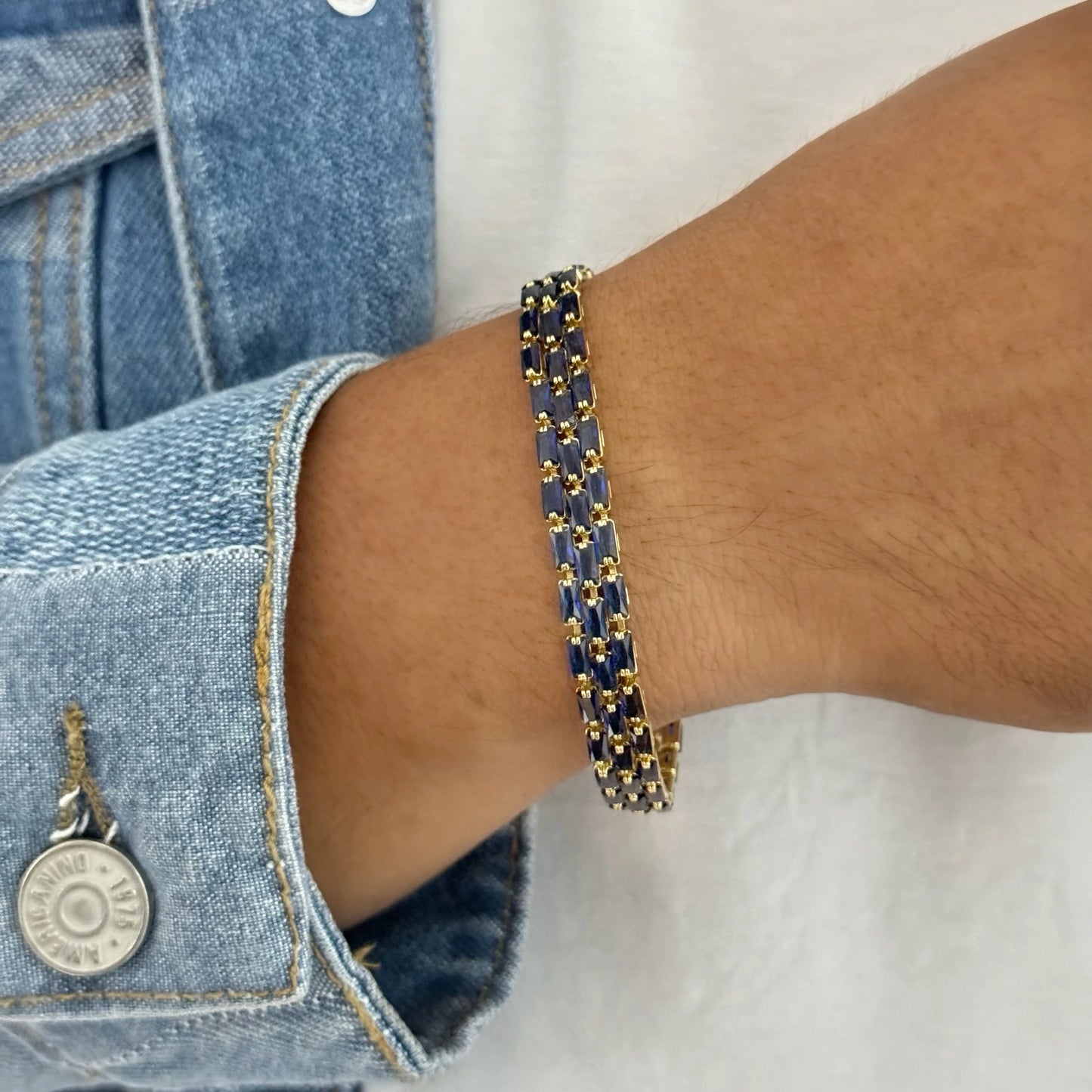 Pulsera De Caballero De Tejido Tenis De Tres Carriles De Cristales Azules De 20cm-6mm De Grosor + Envío Gratis