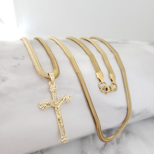 Cadena De Caballero De Tejido Serpiente De 60cm-4mm De Grosor + Dije De Crucifijo Cristal + Envío Gratis