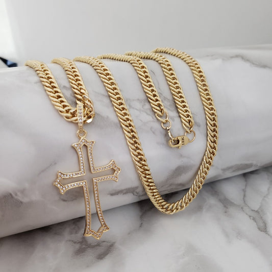 Cadena De Caballero De Tejido Cubana Continua De 60cm-4mm De Grosor + Dije De Cruz Cristal + Envío Gratis